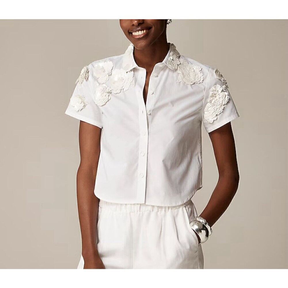 J.CREW Collection Top Women 4 Floral Appliques Button Up NEW Cropped White CC241